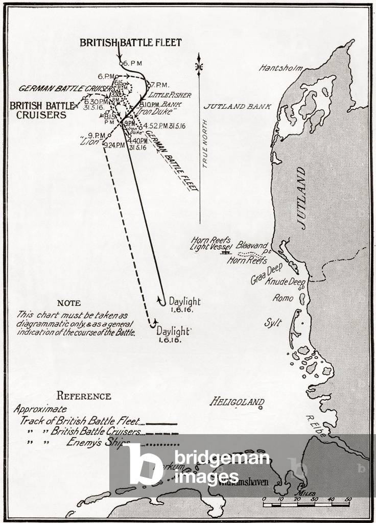 Chart showing the course of the British Fleet in the Battle of Jutland Bank during World War I.  From The Year 1916 Illustrated (print)