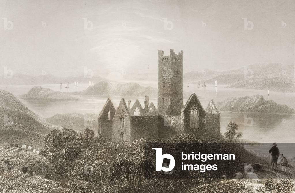 Roserk Abbey, County Mayo, Ireland, from 'Scenery and Antiquities of Ireland' by George Virtue, 1860s (engraving)