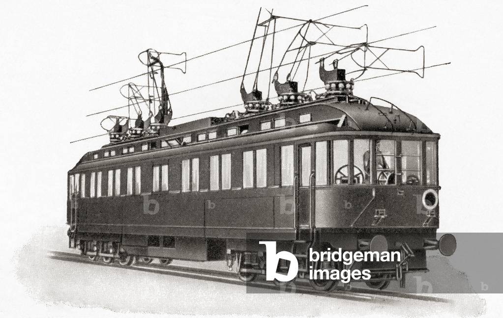 A rapid transit railway engine carriage powered by overhead electric lines, Germany c. 1900, from Meyers Lexicon, pub. 1924