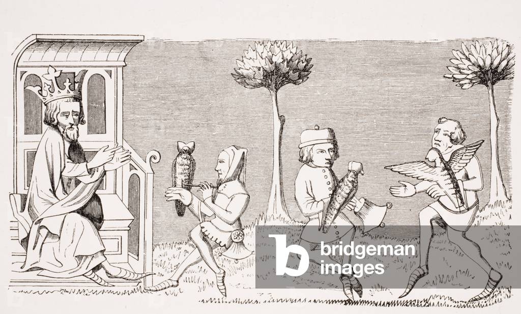 King Modus teaching the art of falconry, reproduction of a miniature in the 14th century manuscript 'Livre de Roy du Modus' by Henri de Ferrieres, from 'Le Moyen Age et La Renaissance' by Paul Lacroix (1806-84) published 1847 (litho)