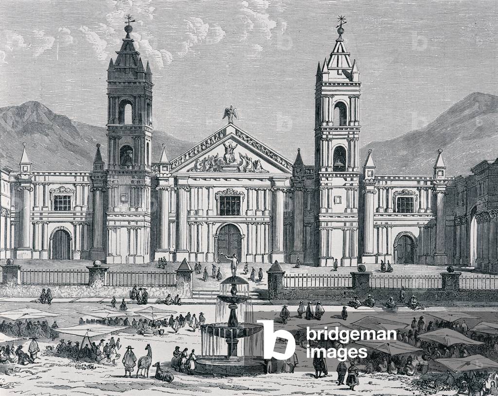 Plaza Mayor and Cathedral of Arequipa, Peru, 1880s (engraving)