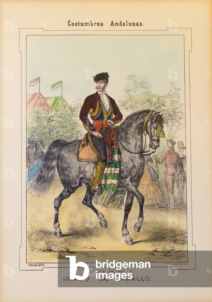 Dude on horseback. Majo a caballo, Seville Fair, Feria de Abril, after a work by Antonio Chaman pub.in Seville by Carlos Santigosa in 1853 (print)