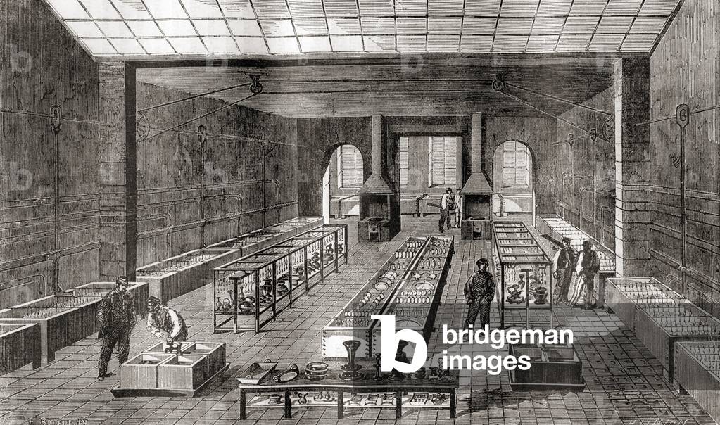 The workshop containing the chemical baths in Charles Christofle's electroplating plant, Paris, France in 1867, from Les Merveilles de la Science, published c.1870 (engraving)