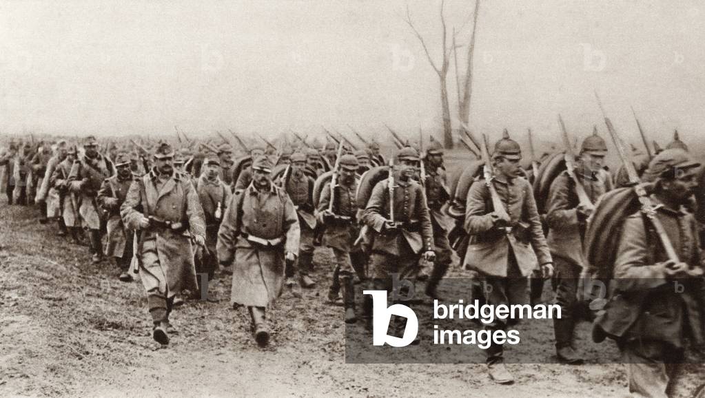 German and Austrian soldiers marching shoulder to shoulder against the Russians during World War I, from 'The Illustrated War News', published in 1915 (litho)