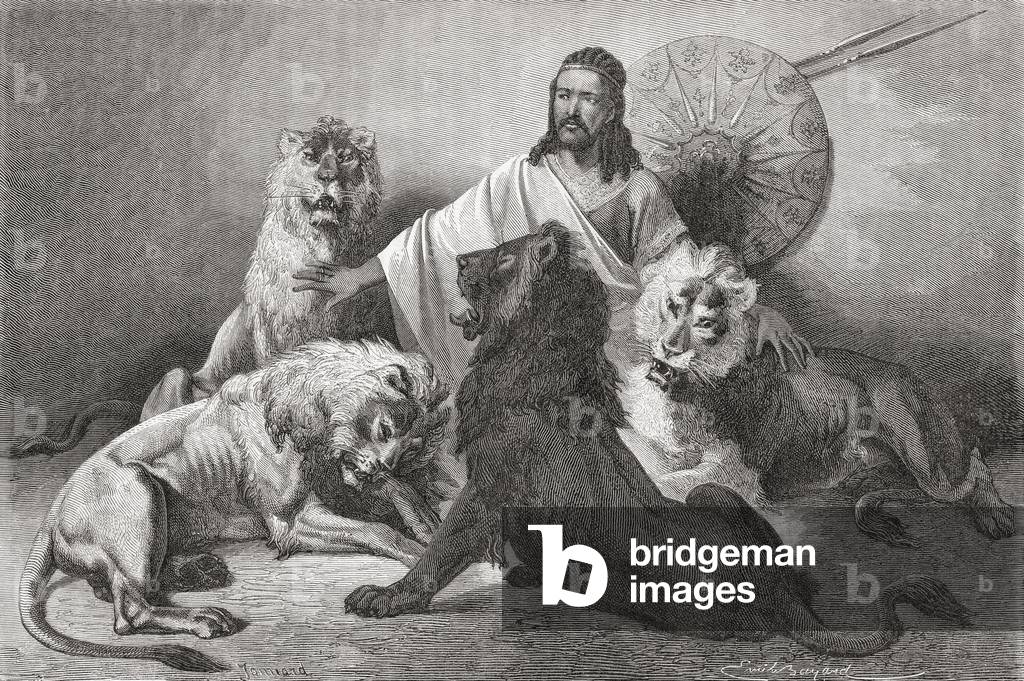 Tewodros holding audience, surrounded by lions. Tewodros II, baptized Theodore II  c. 1818 to 1868.   Emperor of Ethiopia.