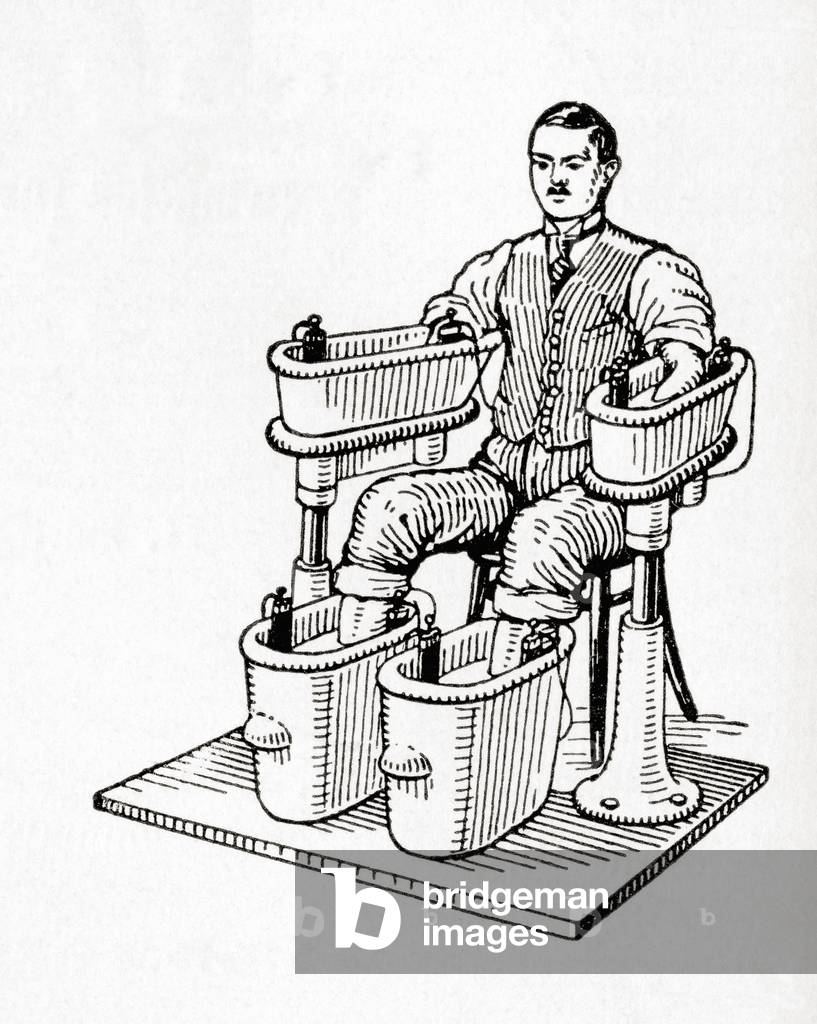 A 19th century Galvanic bath or Schnee Four Cell Bath, from Meyers Lexicon, pub. 1927 (print)