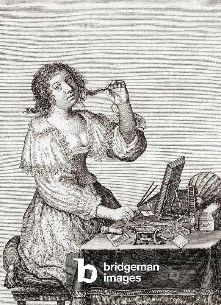 A lady at her toilette, after a 17th century engraving by Le Blond.