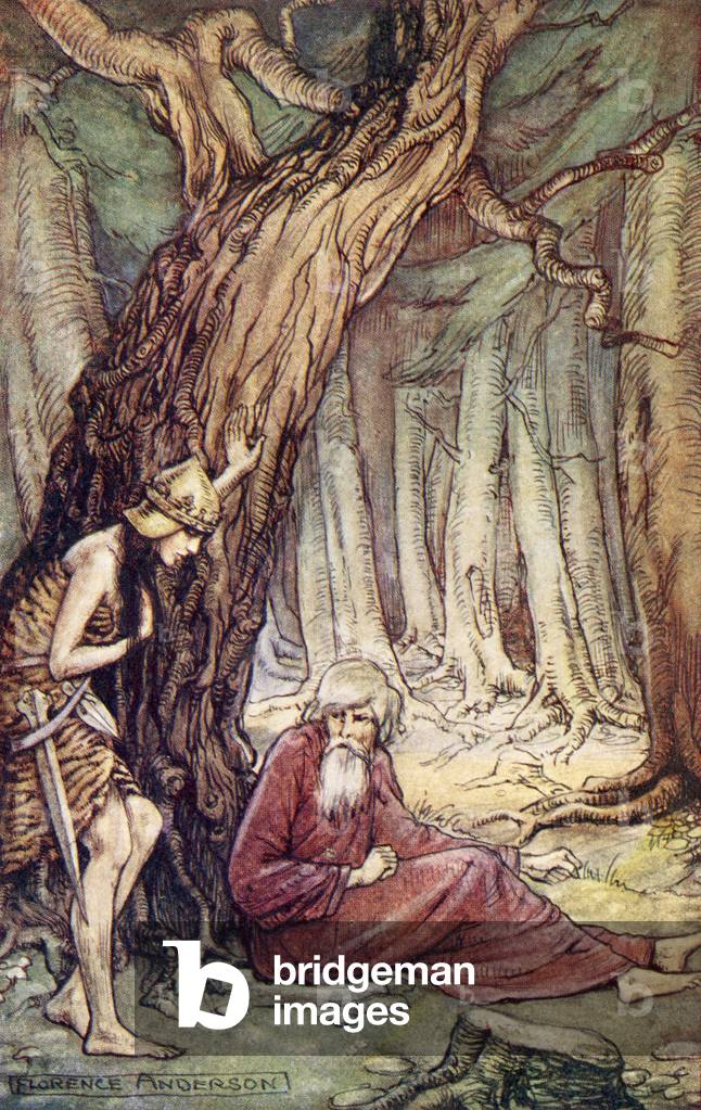 Boadicea and the Druid, from the poem Boadicea by William Cowper, from Reading from Historical Romances, published 1914 (colour litho)