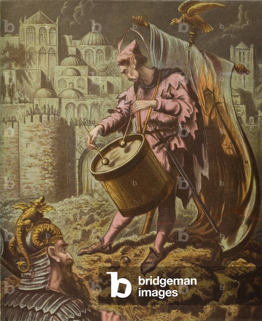 Diabolus's drummer before the walls of Mansoul, illustration from 'The Holy War' by John Bunyan (1628-88) (colour litho)