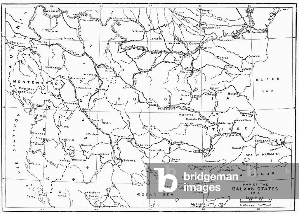 Map of the Balkan States in 1914, from Hutchinson's History of the Nations, pub. 1915