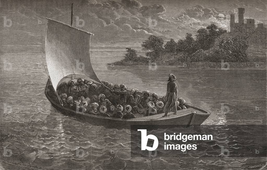 Arminio Vambery and his companions navigating the Caspian Sea in 1863, illustration from 'The World in the Hands', engraved by Gauchard, published 1878 (engraving)