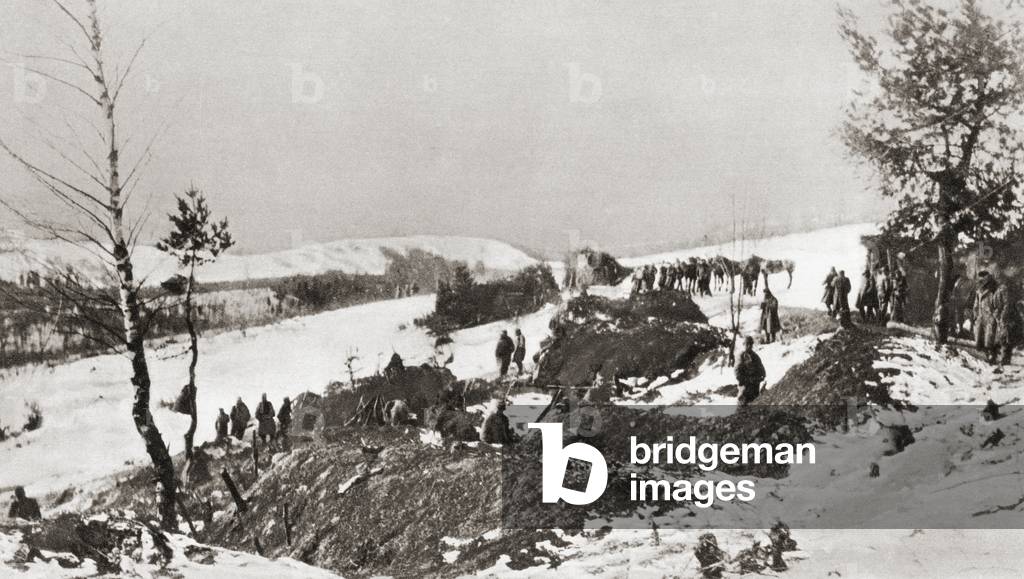 A crack cavalry regiment, The Kaiser Chasseurs, entrenching itself amidst the snow during Austria's battle for the Carpathian Passes during the First World War, from 'The Illustrated War News', published in 1915 (litho)