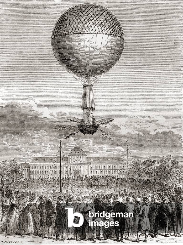 The first successful balloon flight of Jean-Pierre François Blanchard on 2 March 1784, in a hydrogen gas balloon launched from the Champ de Mars, Paris, France, from Les Merveilles de la Science, published c.1870 (engraving)