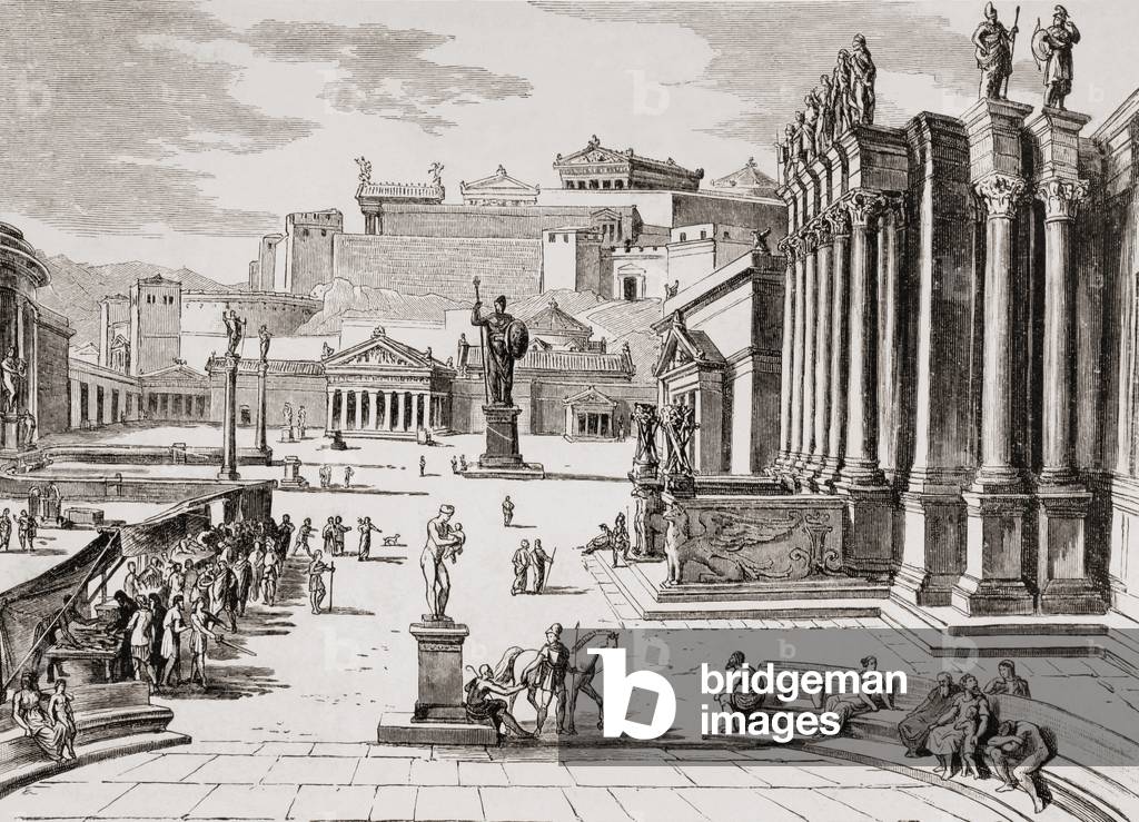 Imaginary view of the market place in ancient Sparta.  From El Mundo Ilustrado, published Barcelona, 1880.