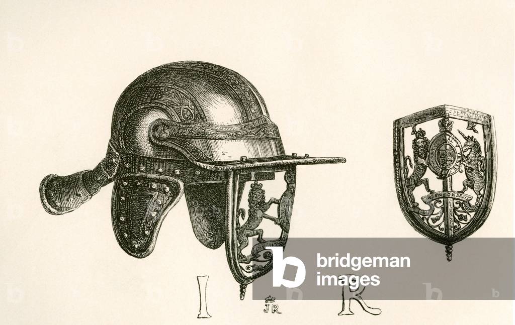 Casque of King James II with cheek pieces and perforated steel visor representing the Royal Arms, with scroll work of thistles below, from The British Army: Its Origins, Progress and Equipment, published 1868.
