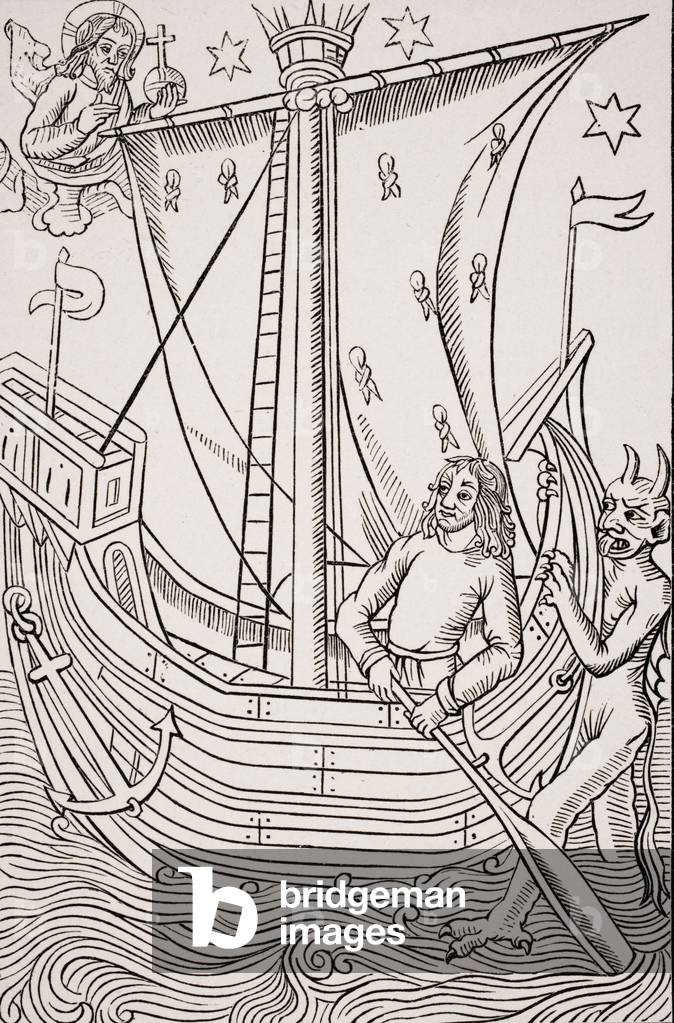 Merchant Vessel in a Storm, facsimile of a woodcut in 'Grand Kalendrier et Compost des Bergers' by Nicolas de Rouge, printed c.1490, from 'Le Moyen Age et La Renaissance' by Paul Lacroix (1806-84) published 1847 (litho) (detail of 260628)