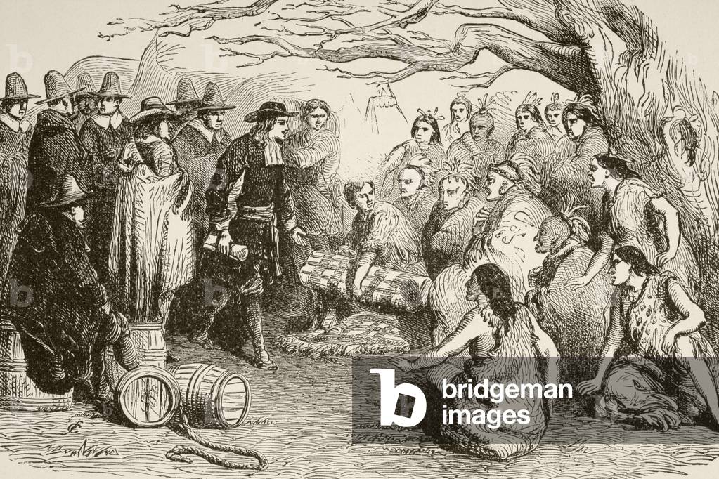 William Penn makes a treaty with the Delaware or Lenape Indians in 1682 (litho)