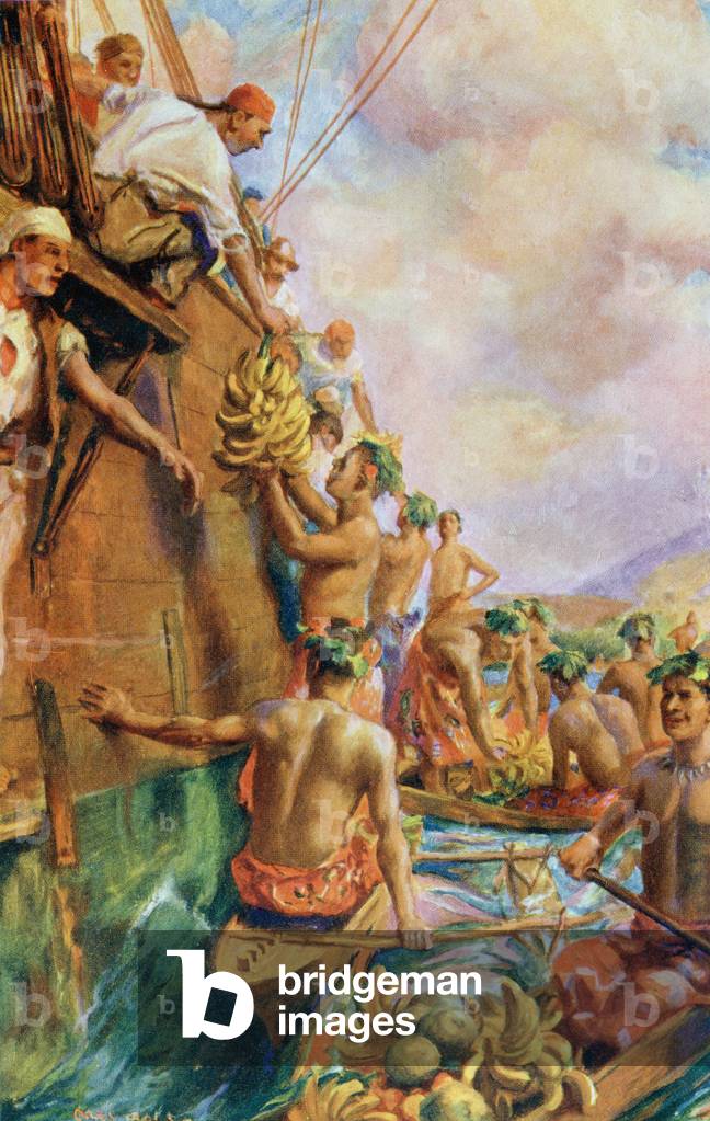 The arrival of Captain James Cook in Tahiti in 1769, from 'The Life and Voyages of Captain James Cook' by C.G. Cash, published c.1910 (colour litho)
