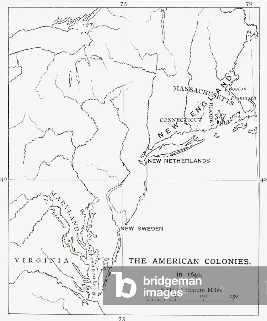 Map of British, Swedish and Dutch American Colonies as they were in 1640, from the book Short History of the English People by J.R. Green pub. London 1893