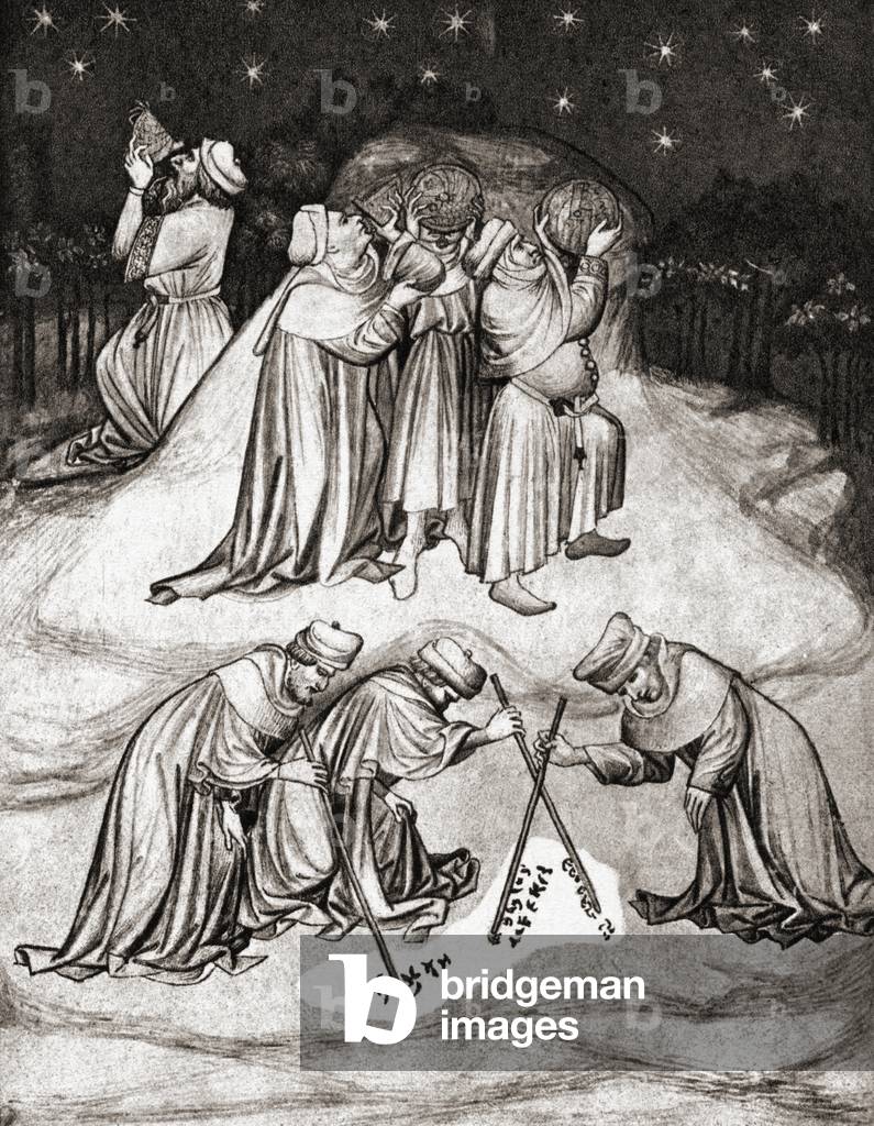 Philosophers on the summit of Mount Athos, Greece, taking observations of the stars and writing words in the dust.