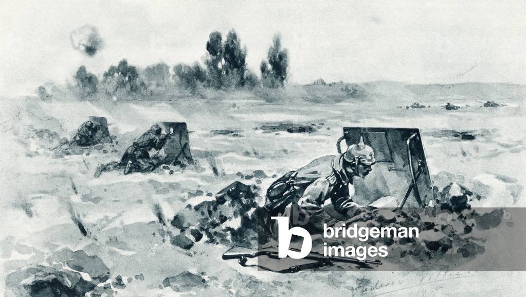 German soldiers using trench shields to protect them from enemy fire during the First World War, from 'The Illustrated War News', published in 1915 (litho)