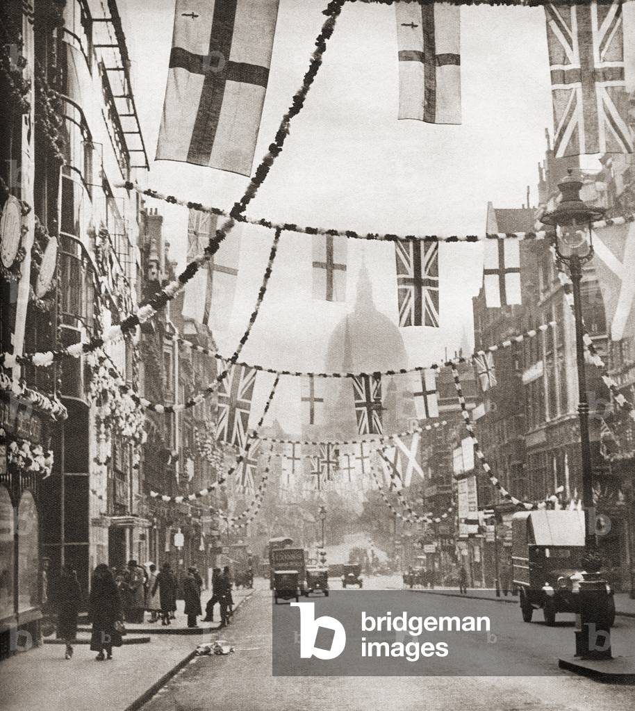 Flags and bunting hanging in Fleet Street, London to celebrate the 1935 Jubilee.