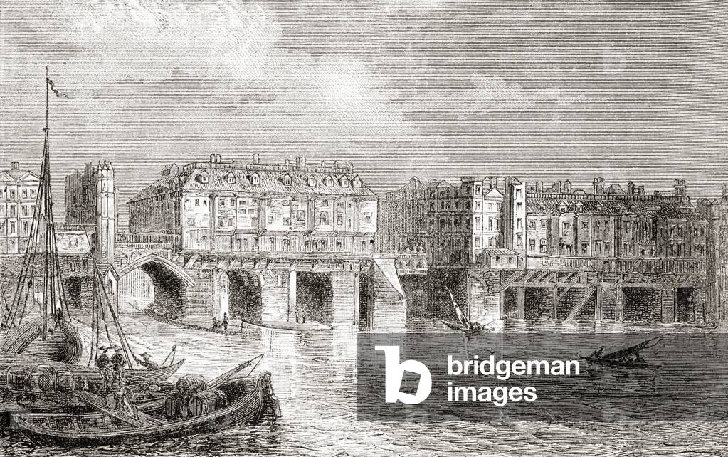 London Bridge in the sixteenth century, from The National and Domestic History of England by William Aubrey pub. London, c.1890