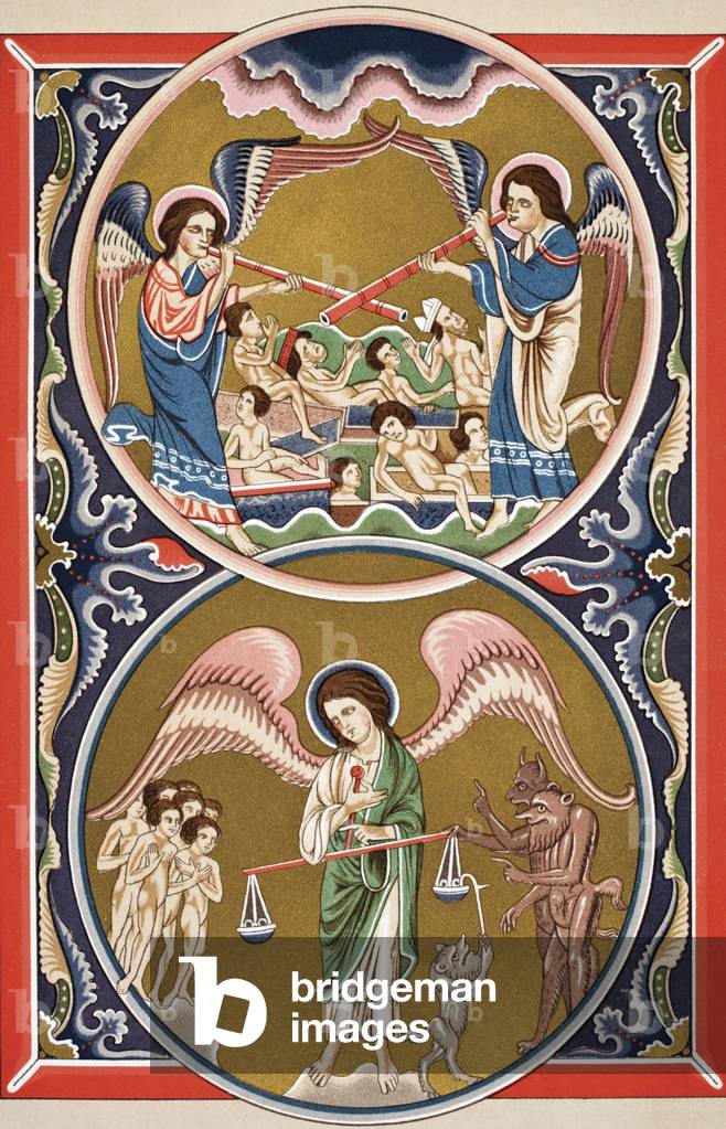 The Resurrection of the Dead and the Weighing of Souls in the Balance at the Last Judgement, from 'Science and Literature in the Middle Ages' by Paul Lacroix (1806-84) published London 1878 (colour litho)