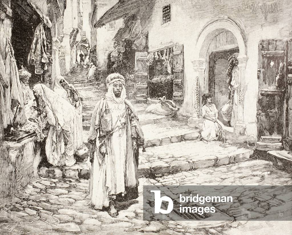 Street scene in the kasbah in Algiers, Algeria at the end of the 19th century, from 'Afrika, dets Opdagelse, Erobring og Kolonisation', published 1901 in Copenhagen (litho)