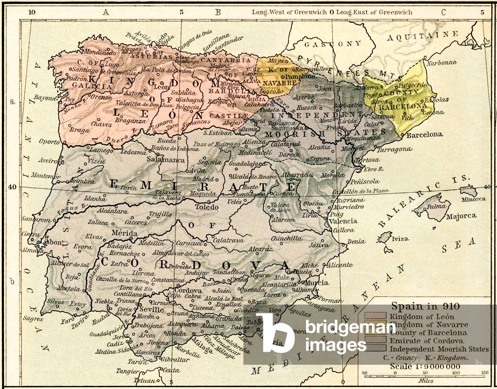 Map of Spain in 910 showing the kingdoms of León and Navarre, the county of Barcelona, the Emirate of Cordova and the independent Moorish States, from Historical Atlas, published 1923 (colour litho)