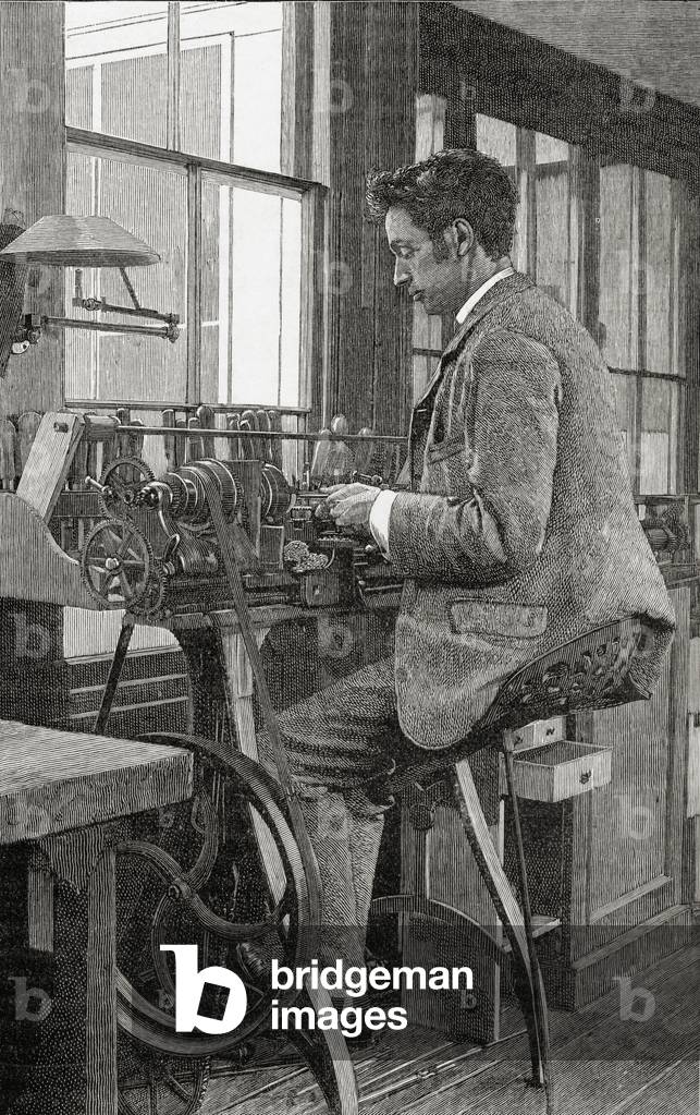 A modern lathe turner at work, from 'The English Illustrated Magazine', 1891-92 (litho)