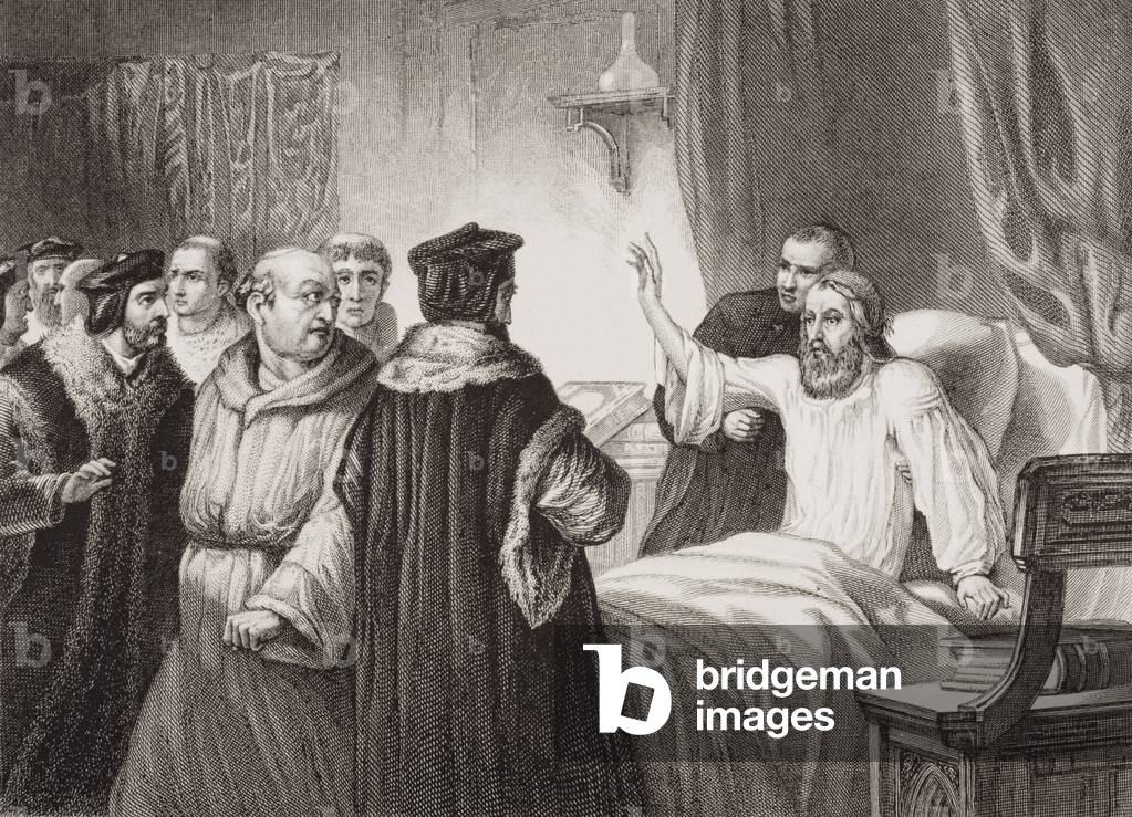 John Wycliffe (c.1330-84) on his sickbed assailed by the friars at Oxford, 1378, from 'Illustrations of English and Scottish History' Volume I (engraving)