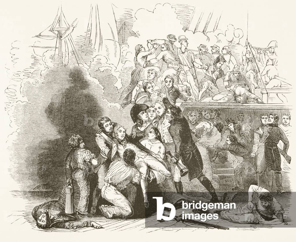 The death of Lord Nelson at the Battle of Trafalgar, from 'The National and Domestic History of England' by William Hickman Smith Aubrey (1858-1916) published London, c.1890 (litho)