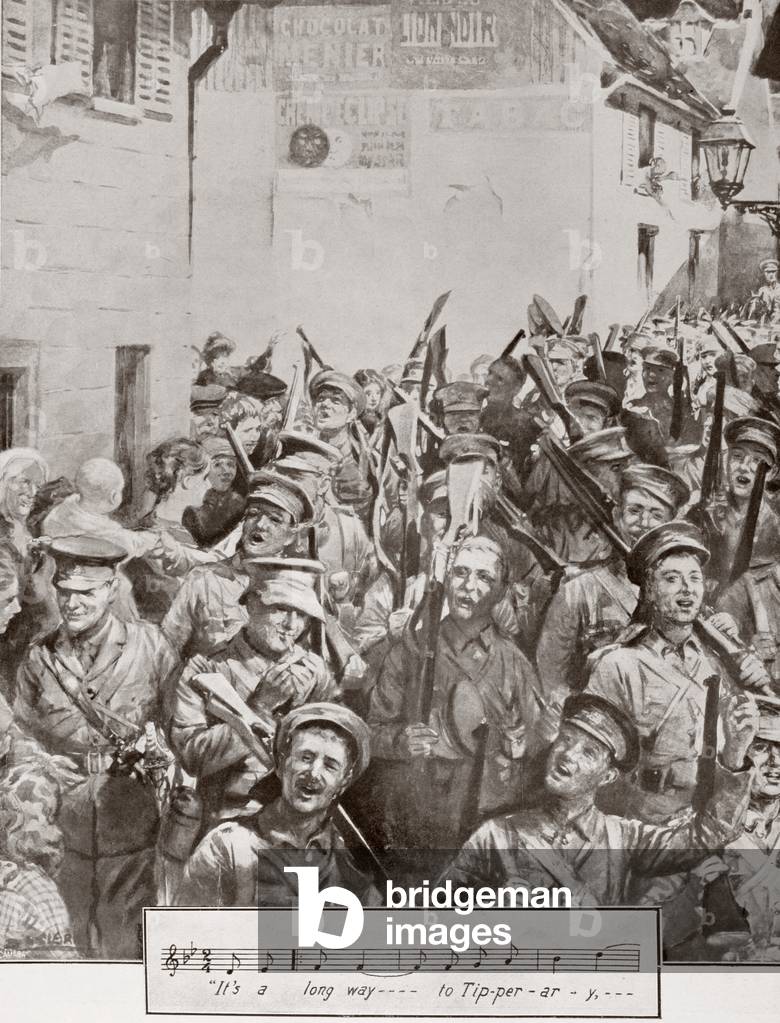 English soldiers marching and singing during the First World War.