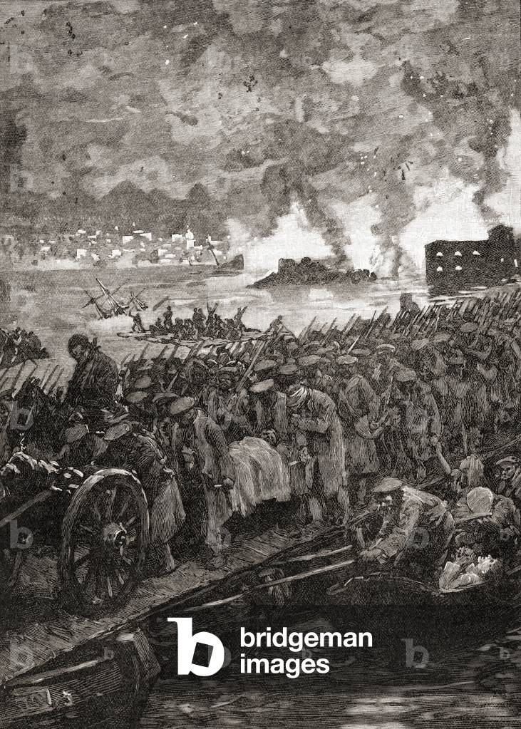Crimean War.  Siege of Sebastopol.  Russian troops retreat from the city, September, 1855.