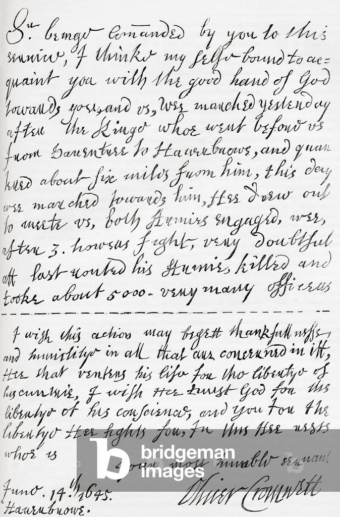Facsimile of a portion of the letter written by Oliver Cromwell to William Lenthall, Speaker of the House of Commons, announcing the victory at The Battle of Naseby in 1645, from Old England: A Pictorial Museum, pub. 1847