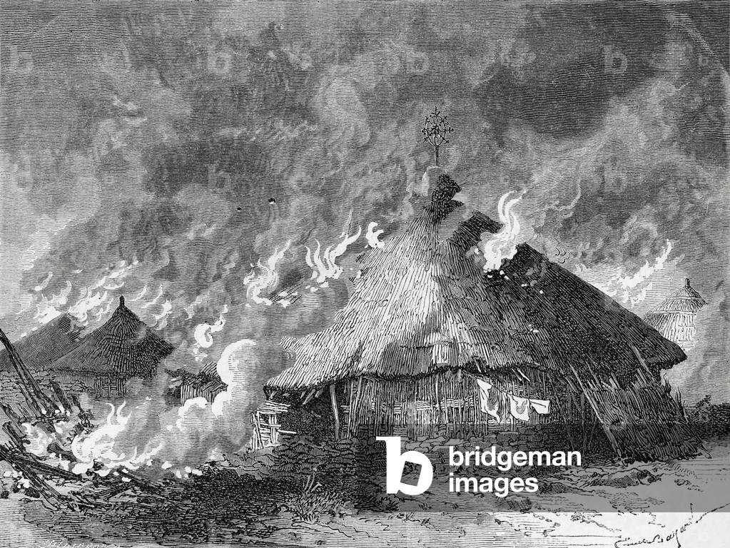 Magdala Fortress, Abyssinia, burning after being set fire to by the British army after the Battle on Mount Fahla, from  El Mundo en la Mano pub. 1875.