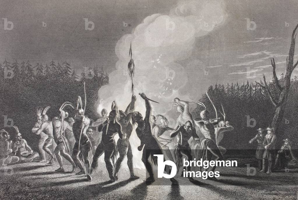 Washington and Fairfax at an Indian war dance, 1748, from 'Gallery of Historical Portraits', published c.1880 (litho)