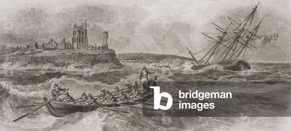 Life boat rowing to the rescue of a foundering sailing ship, engraved by Thomas Milton (1743-1827) 1820 (engraving)