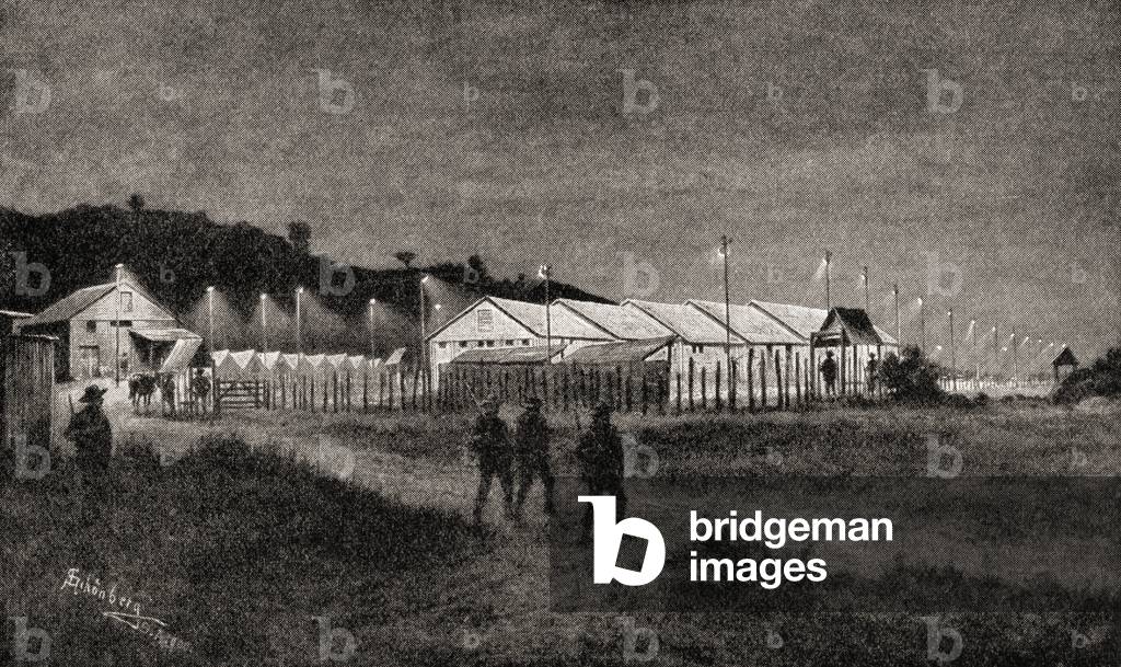 Prisoner of war camp at Pretoria, South Africa, for British prisoners during the second Boer war, from the book South Africa and the Transvaal War by Louis Creswicke, pub.1900