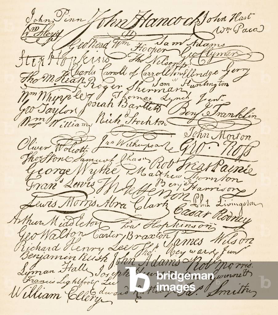 Signatures attached to the American Declaration of Independence of 1776, from 'The National and Domestic History of England' by William Hickman Smith Aubrey (1858-1916) published London, c.1890 (litho)
