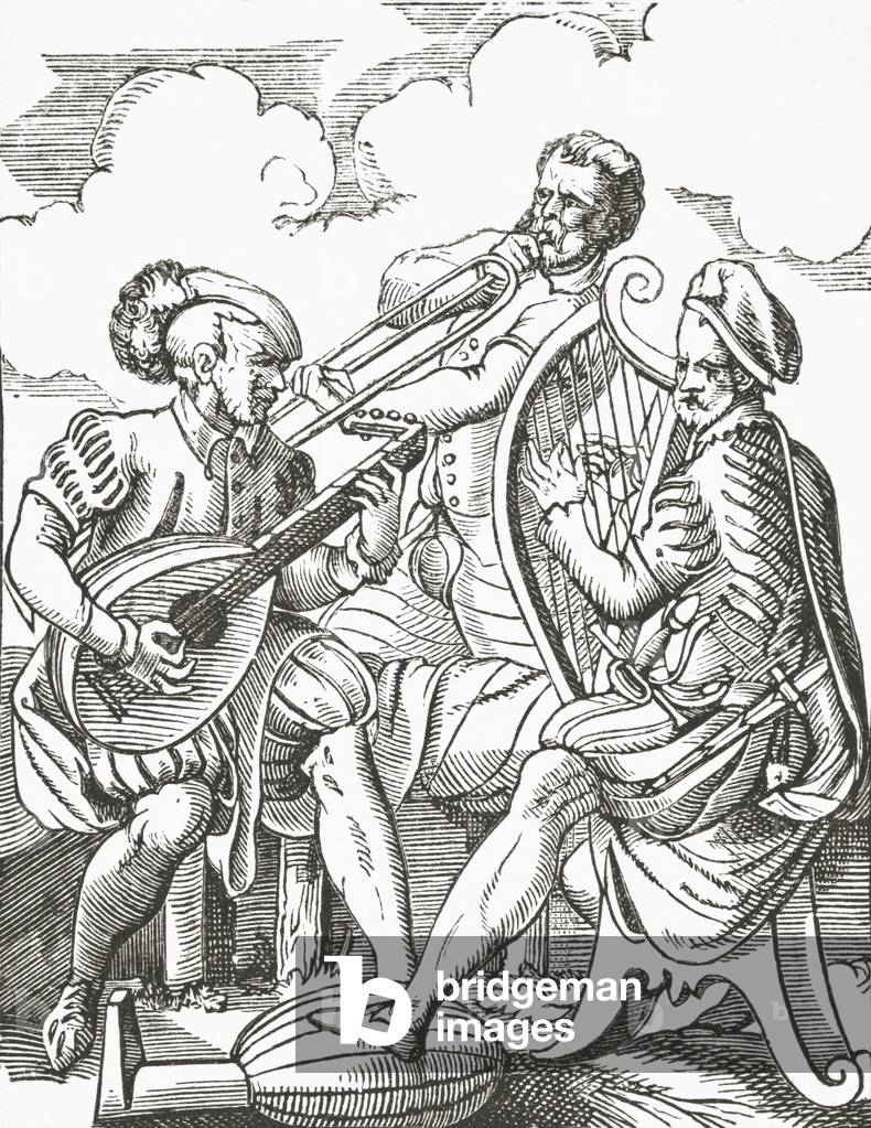 German musicians playing the lute and the guitar, 1878 (litho)