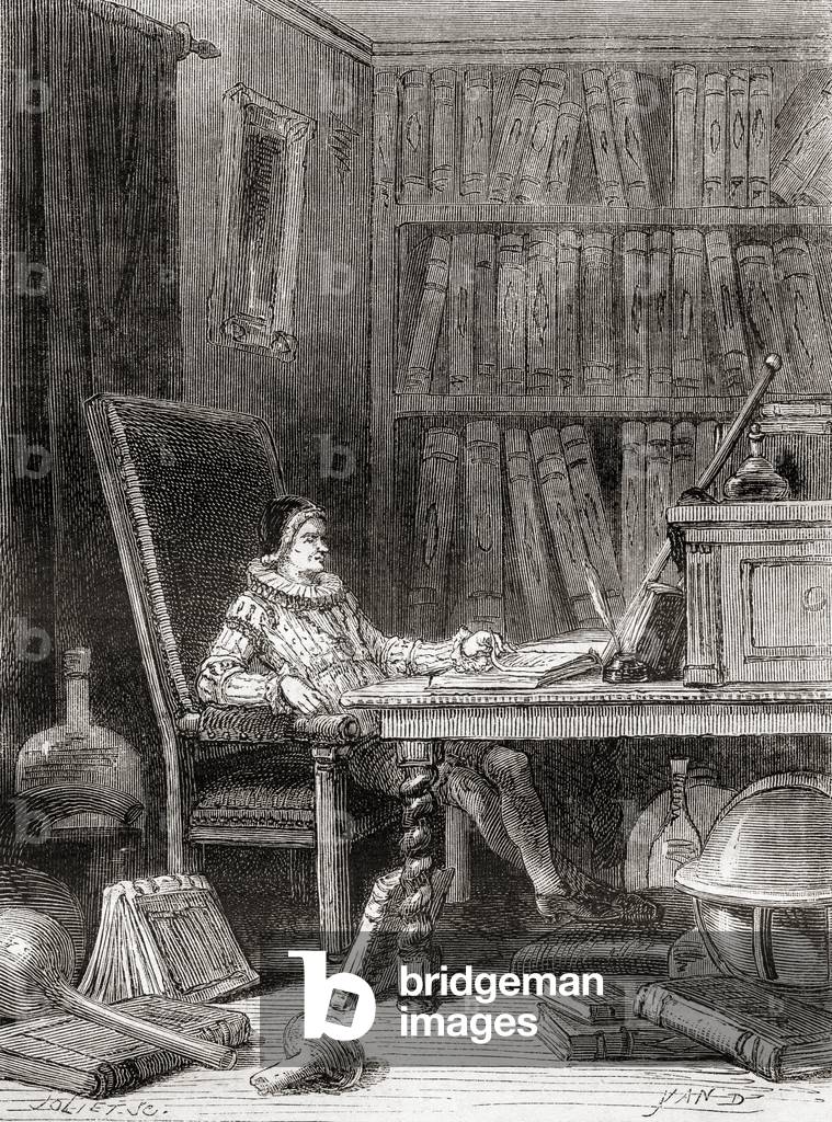 William Gilbert in his study writing his book, from Les Merveilles de la Science, pub.1870