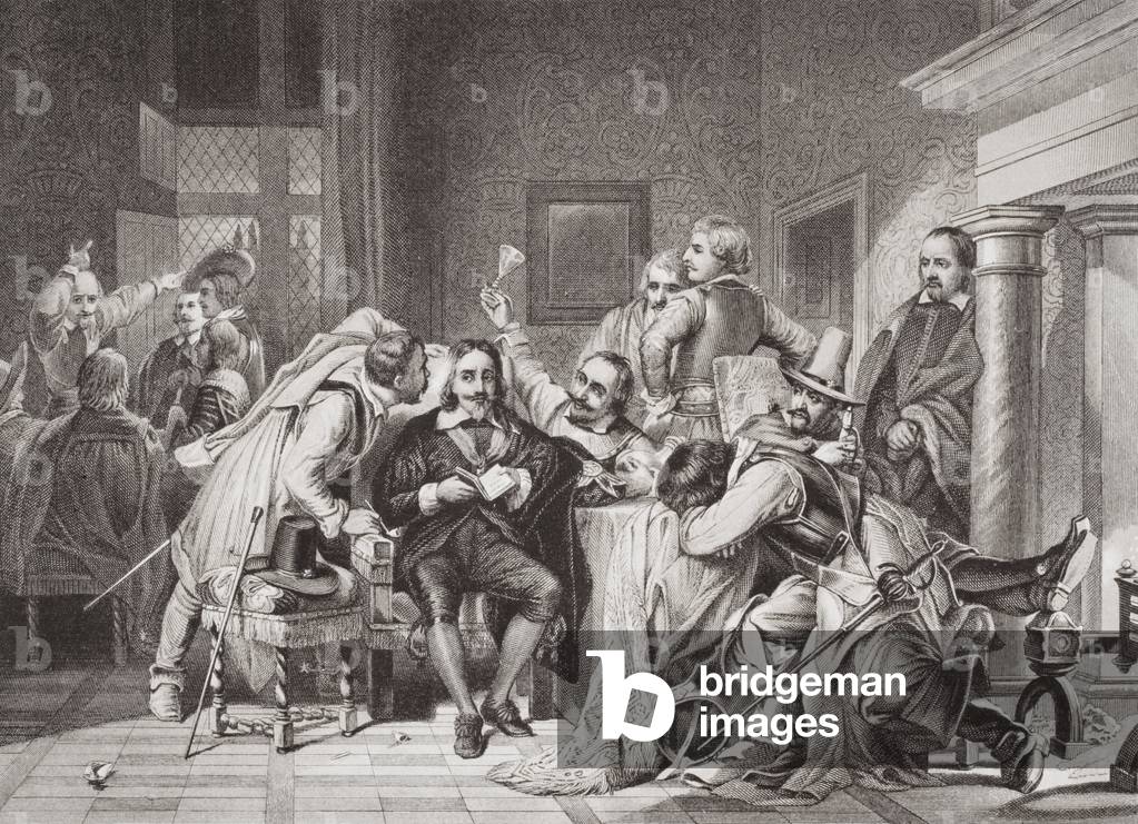 Charles I (1600-49) in the guard room insulted by Oliver Cromwell's soldiers, from 'Illustrations of English and Scottish History' Volume I (engraving)