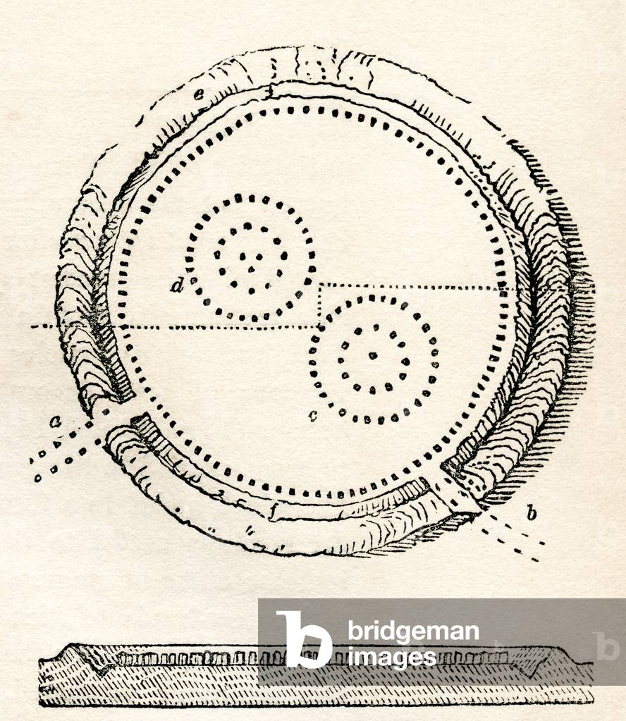 A 19th century plan and section of Avebury, a Neolithic henge monument containing three stone circles, around the village of Avebury, Wiltshire, England, from Old England: A Pictorial Museum, pub. 1847