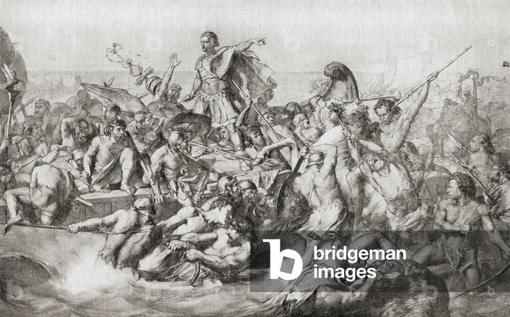 Julius Caesar's first invasion of Britain in 55 BC (litho)