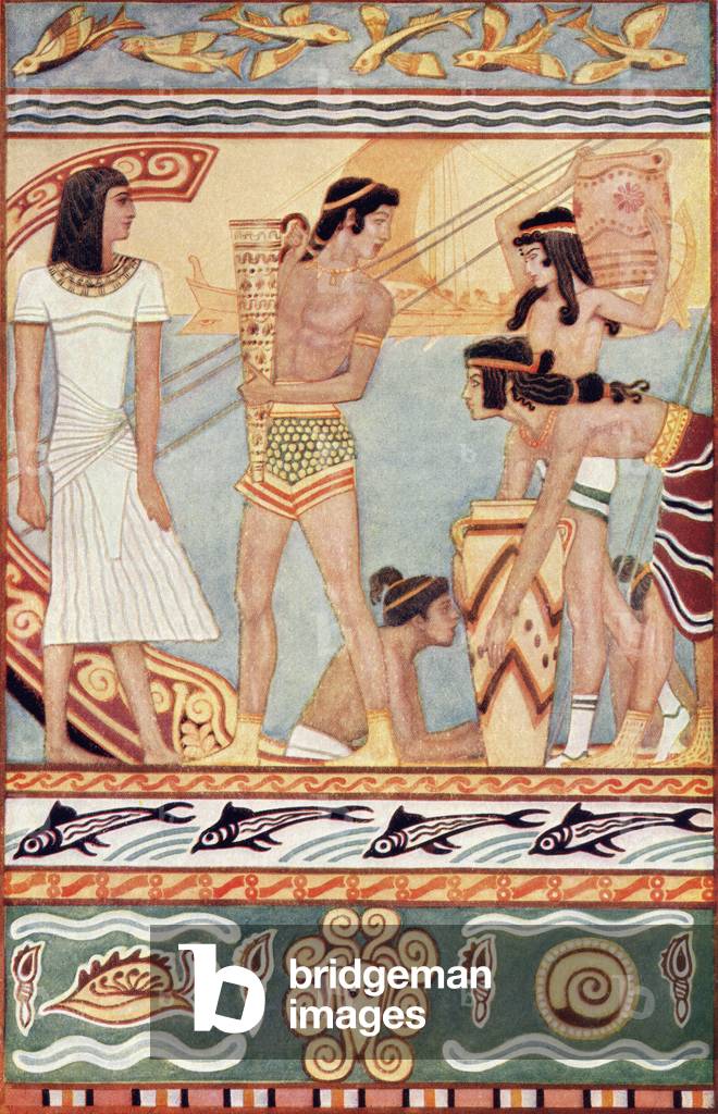 Traders from Crete, illustration from 'Myths of Crete and Pre-Hellenic Europe' by Donald A. Mackenzie, published in 1917 (colour litho)