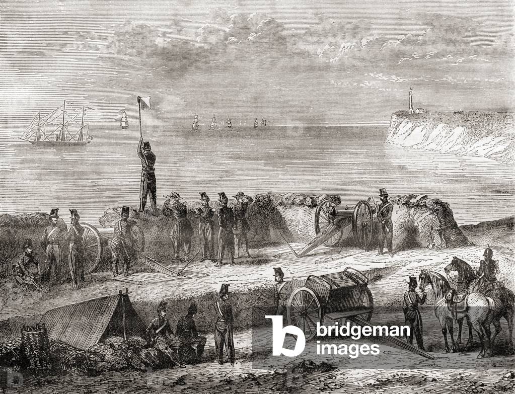 Communication between a ship entering port and the landed troops using the flag semaphore telegraphy system, from Les Merveilles de la Science, published c.1870 (engraving)
