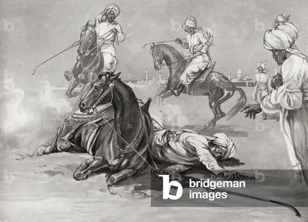 The death of Qutb al-Din Aibak as a result of a fall from his horse while playing Chaugan, founder of the Mamluk dynasty of the Delhi Sultanate, from Hutchinson's History of the Nations, pub.1915