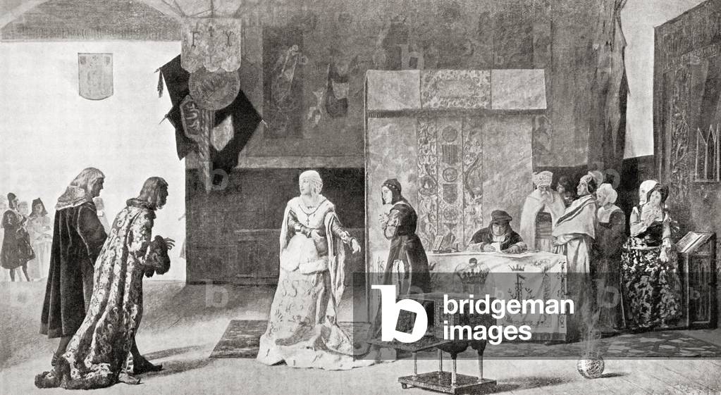 Isabella pledging her jewels to finance the expedition of Christopher Columbus in 1492, from Hutchinson's History of the Nations, pub. 1915